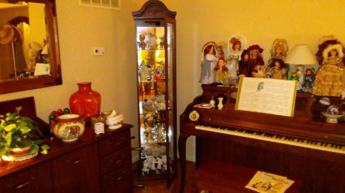 Baldwin piano, curio cabinet