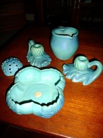 Van Briggle  = heart pitcher, acorn candlesticks , fern bowl with frog