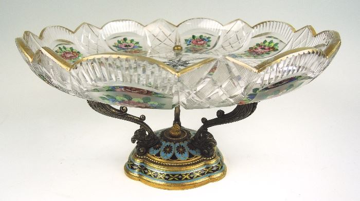 Beautiful Cut Glass & Champleve Centerpiece bowl