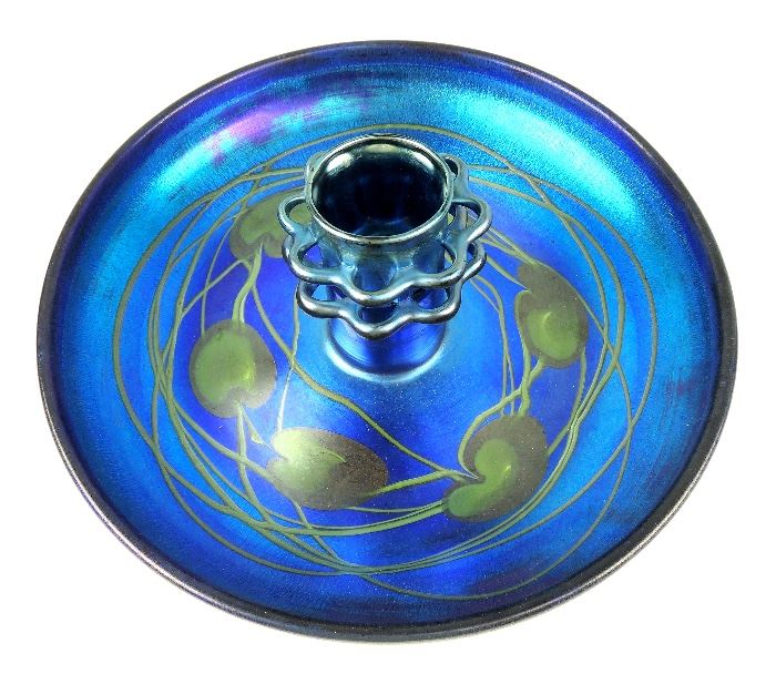 Gorgeous Signed Tiffany Studios, N.Y. blue/green Centerpiece bowl & flower frog