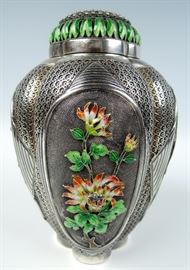 Beautiful Chinese Silver & Enamel Tea Cannister