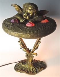 RARE Bronze Cherub Lamp w/Jewels C.1910