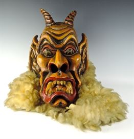 Incredible Large Vintage Carved Wood Devil Mask