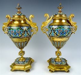 Stunning Champleve & Bronze Griffin Handled Urns