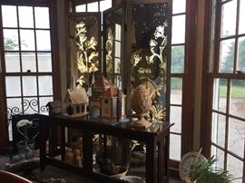 Glass room divider, bird houses