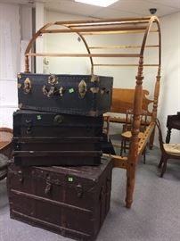 trunks, 3/4 size canopy rope bed (late 1700's)