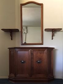Vintage Ethan Allen 2 Door Console and Matching Mirror, Pair Wall Shelves