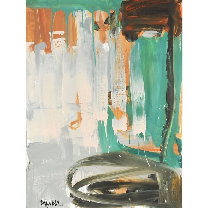 Robbie Kemper Original Acrylic on Canvas "Brown Loop Green": An original abstract acrylic painting on canvas by contemporary American artist Robbie Kemper (Cincinnati, Ohio; born 1957). This energetic non-objective original painting features greens over peach, gray and warms. Bold strokes combine with drips to bring the canvas to life. This work is not framed but equipped to hang. Kemper studied art at the University of Cincinnati College of Design, Art, Architecture and Planning, and is currently a studio resident at the Pendleton Art Center in the historic district of Over-the-Rhine, Cincinnati, Ohio. For more information on the artist, please visit the link provided under Additional Information. See more at: robbiekemper.com