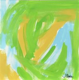 J. Popolin Original Acrylic on Canvas "Green Light Blue Ochre Fields": An original abstract acrylic painting on canvas by contemporary American Abstract Expressionist artist J. Popolin (Cincinnati; 21st century), titled Green Light Blue Ochre Fields. The painting depicts broad brush strokes of chartreuse, yellow ochre and light blue. Artist’s signature is signed to the lower right. This work is not framed but equipped to hang. Popolin, a native of Cincinnati, has a BA in Fine Arts from Marietta College in eastern Ohio, and is currently a studio resident at the Pendleton Art Center in the historic neighborhood and arts district of Over-the-Rhine, Cincinnati. Popolin’s art is influenced by travels and life experiences in Boston, Cape Cod, the Caribbean, New York City, Northern California, the United Kingdom and extensive travels throughout Europe and the United States. For further information and other paintings please see www.twoartistscreative.com.