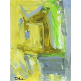 Robbie Kemper Original Acrylic on Canvas "Blue Right Angle": An original abstract acrylic painting on canvas by contemporary American artist Robbie Kemper (Cincinnati, Ohio; born 1957). This non-objective painting features cools in multi greens with a light cobalt right angle mark. This geometric, yet organic composition has an interesting balance of washy thin and dense color fields. This work is not framed but equipped to hang. Kemper studied art at the University of Cincinnati College of Design, Art, Architecture and Planning, and is currently a studio resident at the Pendleton Art Center in the historic district of Over-the-Rhine, Cincinnati, Ohio. For more information on the artist, please visit the link provided under Additional Information. See more at: robbiekemper.com