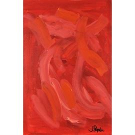 J. Popolin Original Acrylic on Canvas "Red Orange Fields": An original abstract acrylic painting on canvas by contemporary American Abstract Expressionist artist J. Popolin (Cincinnati; 21st century), titled Red Orange Fields. The painting depicts broad brush strokes of orange and red in a subtle pattern. Artist’s signature is signed to the lower right. This work is not framed but equipped to hang. Popolin, a native of Cincinnati, has a BA in Fine Arts from Marietta College in eastern Ohio, and is currently a studio resident at the Pendleton Art Center in the historic neighborhood and arts district of Over-the-Rhine, Cincinnati. Popolin’s art is influenced by travels and life experiences in Boston, Cape Cod, the Caribbean, New York City, Northern California, the United Kingdom and extensive travels throughout Europe and the United States. For further information and other paintings please see www.twoartistscreative.com.