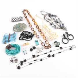 Costume Jewelry Including Amethyst and Bone: An assortment of costume jewelry. This selection contains necklaces, bracelets, pendants, earrings, brooches, and a belt buckle. The materials include base metal, resin, glass, plastic, bone, shell, chipped turquoise in resin, amethyst, quartz, dyed and irradiated freshwater pearls. There are no visible hallmarks.