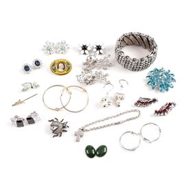 Costume Jewelry Including Kramer: An assortment of costume jewelry. This selection contains bracelets, earrings, brooches, and a pin; some of which showcase foil backs, micro mosaic, faux pearl, nephrite cabochons, and resin. The clip-on earrings with red and white faux jewels are visibly hallmarked by Kramer.