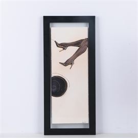 C.L. Cunningham Original Watercolor and Gouache Painting on Paper "Foot Ball VIII": An original watercolor and gouache painting on paper titled Foot Ball VIII by American artist C.L. Cunningham. This piece presents a pair of legs wearing stilettos and stockings kicking a ball, in a tall rectangular composition. The work is signed to the lower right and to the verso. It is presented between two panes of glass in a black painted wood frame, with a sawtooth hanger affixed to the verso.