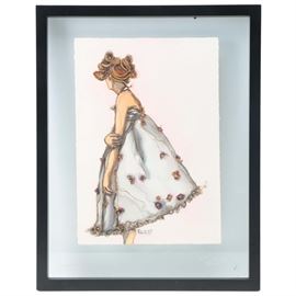 C.L. Cunningham Ink and Watercolor Painting "Blind Date": An ink and watercolor painting on paper titled Blind Date by contemporary Georgia artist, C. L. Cunningham. This painting accented in gold tone ink, depicts a red-haired woman in a floral dress, nervously hunched over. It is signed by hand to the lower center margin. Inscribed by hand to the verso is the title and artist of this work. This painting is presented between glass in a black wooden frame with a sawtooth hanger to the verso.