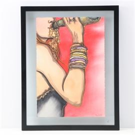 C. L. Cunningham Watercolor and Ink Mixed Media on Paper "Chug": A watercolor on ink mixed media on paper by artist C. L. Cunningham, titled Chug. This painting depicts a cropped view of a girl with purple, yellow and cool gray wrist bands clutching at a bottle, which she tilts back to drink from. What appears to be liquid pours down across her chin. She poses against a flat red background. To the lower right corner of the composition is an artist signature. The painting is float mounted between glass, which is placed in a black composite frame with a sawtooth bracket to the verso for hanging. To the verso is a handwritten artist signature and title.