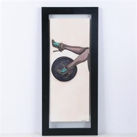 C.L. Cunningham Original Watercolor and Gouache Painting on Paper "Foot Ball IV": An original watercolor and gouache painting on paper titled Foot Ball IV by American artist C.L. Cunningham. This piece presents a pair of legs wearing stilettos and stockings kicking a ball, in a tall rectangular composition. The work is signed to the lower right and to the verso. It is presented between two panes of glass in a black painted wood frame, with a sawtooth hanger affixed to the verso.