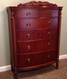 Bedroom suite Chest Of Drawers matching the bed featuring twirl sides and ornate topper.
