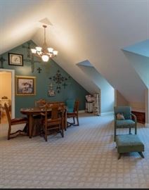Upstairs in the bonus room is the game and sewing. Antique walnut furniture, vintage patterns, fabric, cards, poker set, and much more.