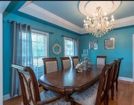 Beautiful Italian Aico Dining Room Suite, featuring a oval table, three leaves, and 12 chairs around this unique dining table! Leaves are stored underneath the table, which makes this an exceptional as well as an elegant set.