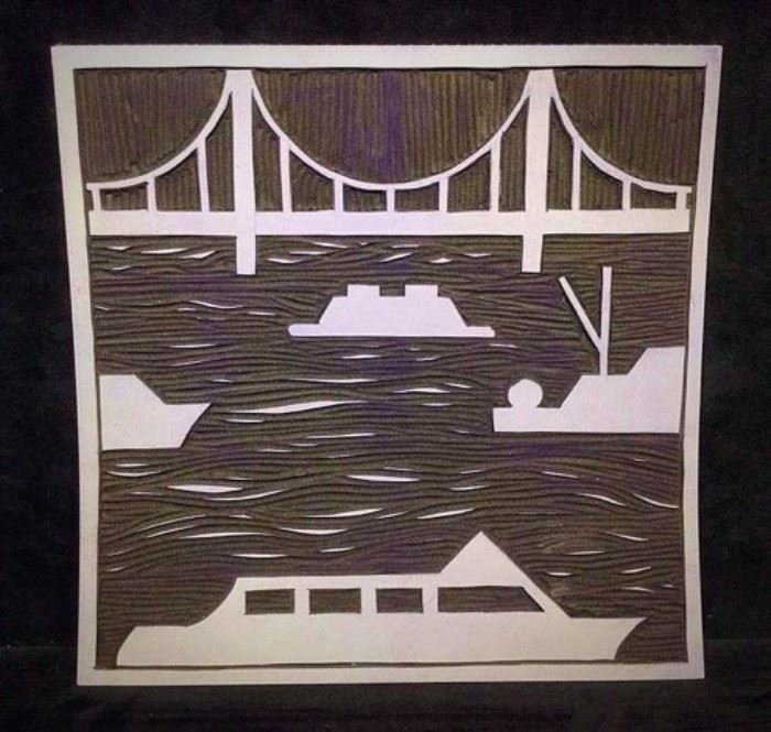 Tacoma Narrows Bridge Linocut unsigned