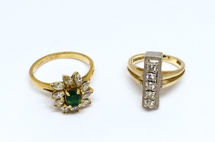 18k Emerald Diamond cocktail ring / 14k Yellow and White Gold 5 Diamond Bar ring