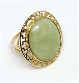 14K Gold Greek Key Design Jade Ring