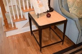 Flexsteel Seville End Table Travertine Marble Top, Beveled Glass Shelf, Stepped Steel Frame. 24" Tall X 22" Wide X 26" Deep