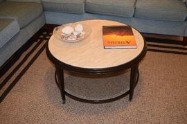 34" Round Flexsteel Metal Frame Coffee Table with Travertine Marble Top and Beveled Glass Shelf 18" Tall