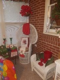White wicker chair, vanity & bench (not completely pictured here), & more Christmas décor.
