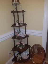 Corner shelf, Capodimonte basket collection, decorative mirror, small stained glass lamp, & more
