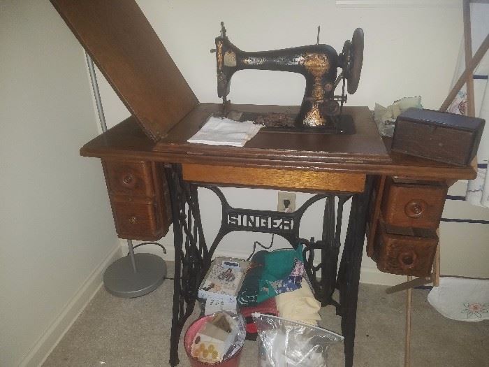 Antique Singer Sewing Machine, Antique Singer wooden attachment box, & more