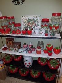 Strawberry kitchen decor including handmade ceramic canisters and anything else you can imagine for the kitchen with a strawberry pattern!