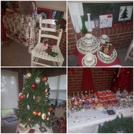 Christmas decor including Danbury Mint ornaments, small Christmas tree, dishes, small white rocker, & more.