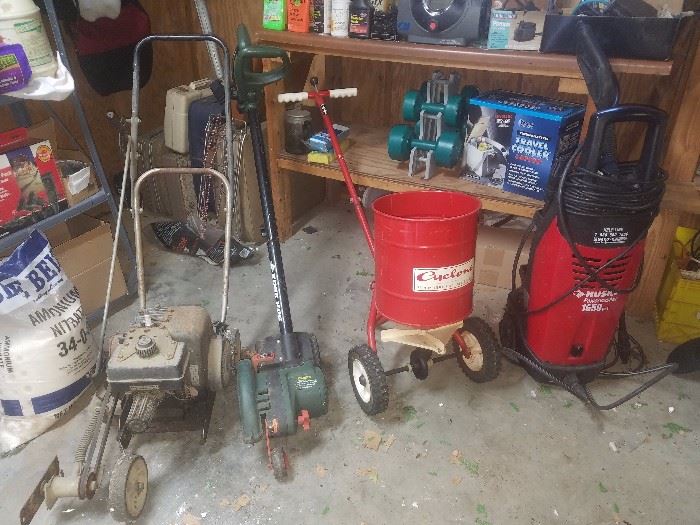 Gas edger, electric edger, Cyclone seed spreader, pressure washer. 