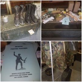 Vintage military footlockers, fuel can, clothing, infantry books, & more. 