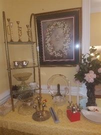 Brass, cut glass, decorative art work, silverplate, & more.
