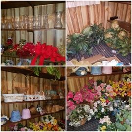 Lots of artificial flowers, floral arrangements, vases, baskets, bows, etc.