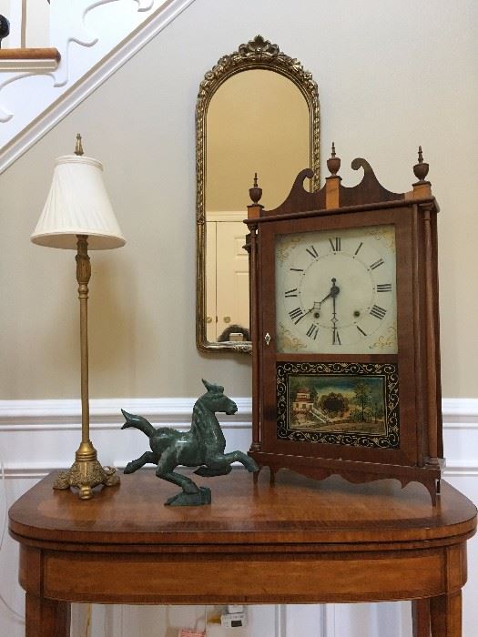 Antique Reverse Painted Pillar and Scroll Shelf Clock from Chauncey and Ives, Antique Flip Top Card Table, Marble Horse Sculpture 