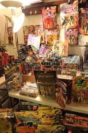 Lots of toys and action figures, including Simpsons, Futurama, The Tick, Pee Wee Herman, Aliens, Predator, Spawn, Terminator, Toy Story, etc.