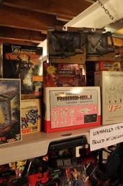 Toys and action figures including Japanese toys, Robotech, Marvel, DC, Space 1999, Vintage Return of the Jedi model kits, Techno Zoids, Star Wars, Micro Machines, Star Trek