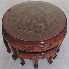 Carved rosewood Chow table with 4 stools