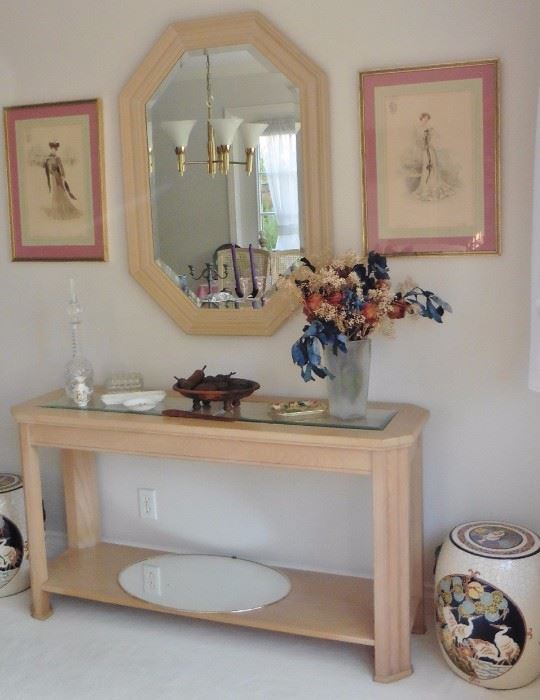 Console table; framed French lithos