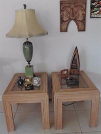 Lamp sold. End tables with rattan inset