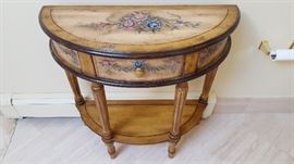 Decorative Floral Design on White Washed Demilune Table w/1 Drawer (31" x 13" x 31")