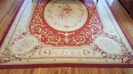 11'6" x 9' Aubusson Wool Rug, Red Border/Ivory/Beige Floral Medallions