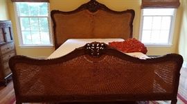 Carved Wood & Cane King Headboard/Footboard Bedframe (87" x 85" x 67")