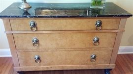 Light Wood 3-Drawer Dresser w/Black Stone Top & Brass Lion Head Pulls & Clawed Feet (51" x 21" x 34")