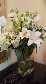 24" White Silk Floral Arrangement in Glass Vase