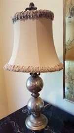 Lamp w/Crackled Silver 2 Ball Base & Taupe Silk Shade w/Foral Finial